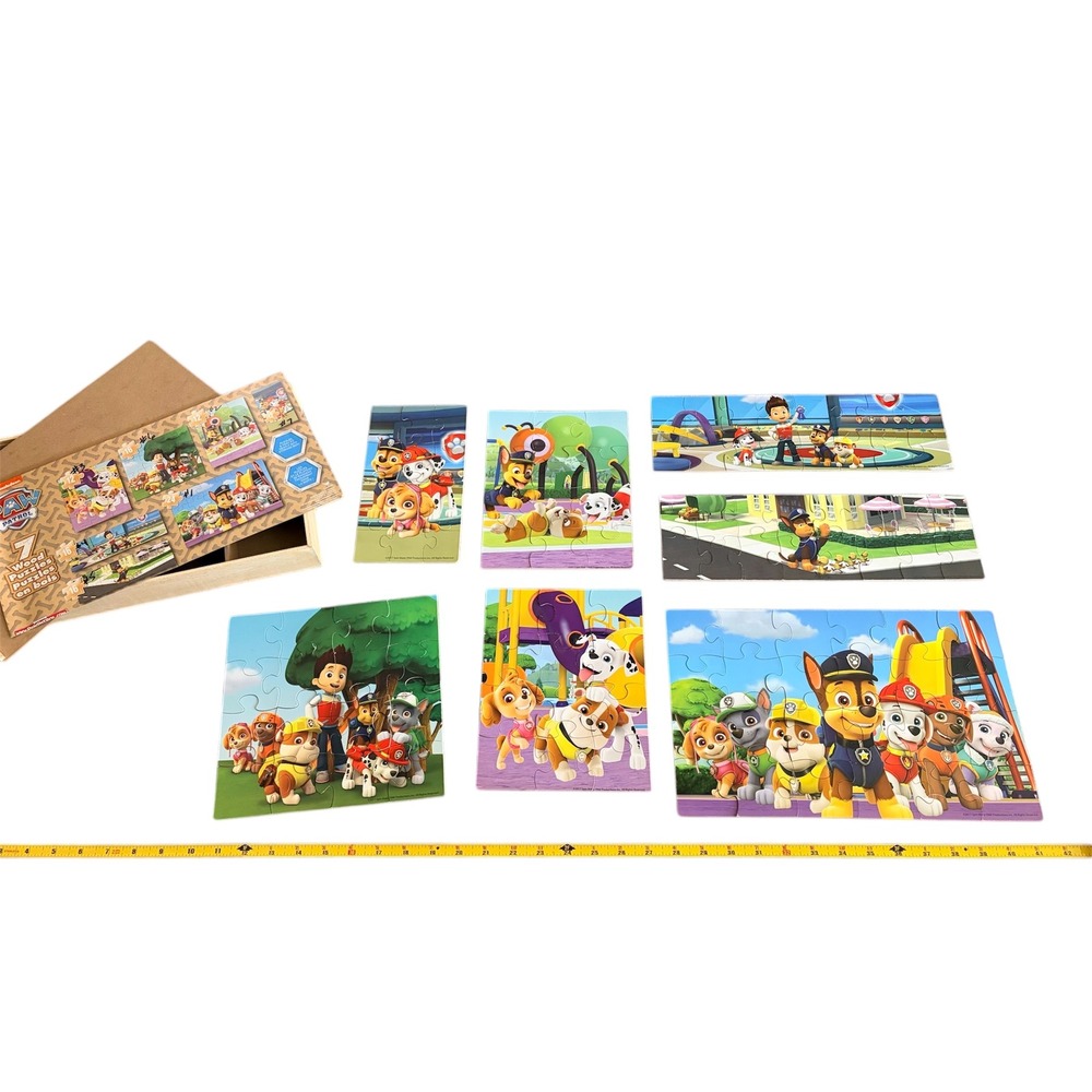 PAW Patrol 7 Wood Jigsaw Puzzles Set with Wooden Storage Box